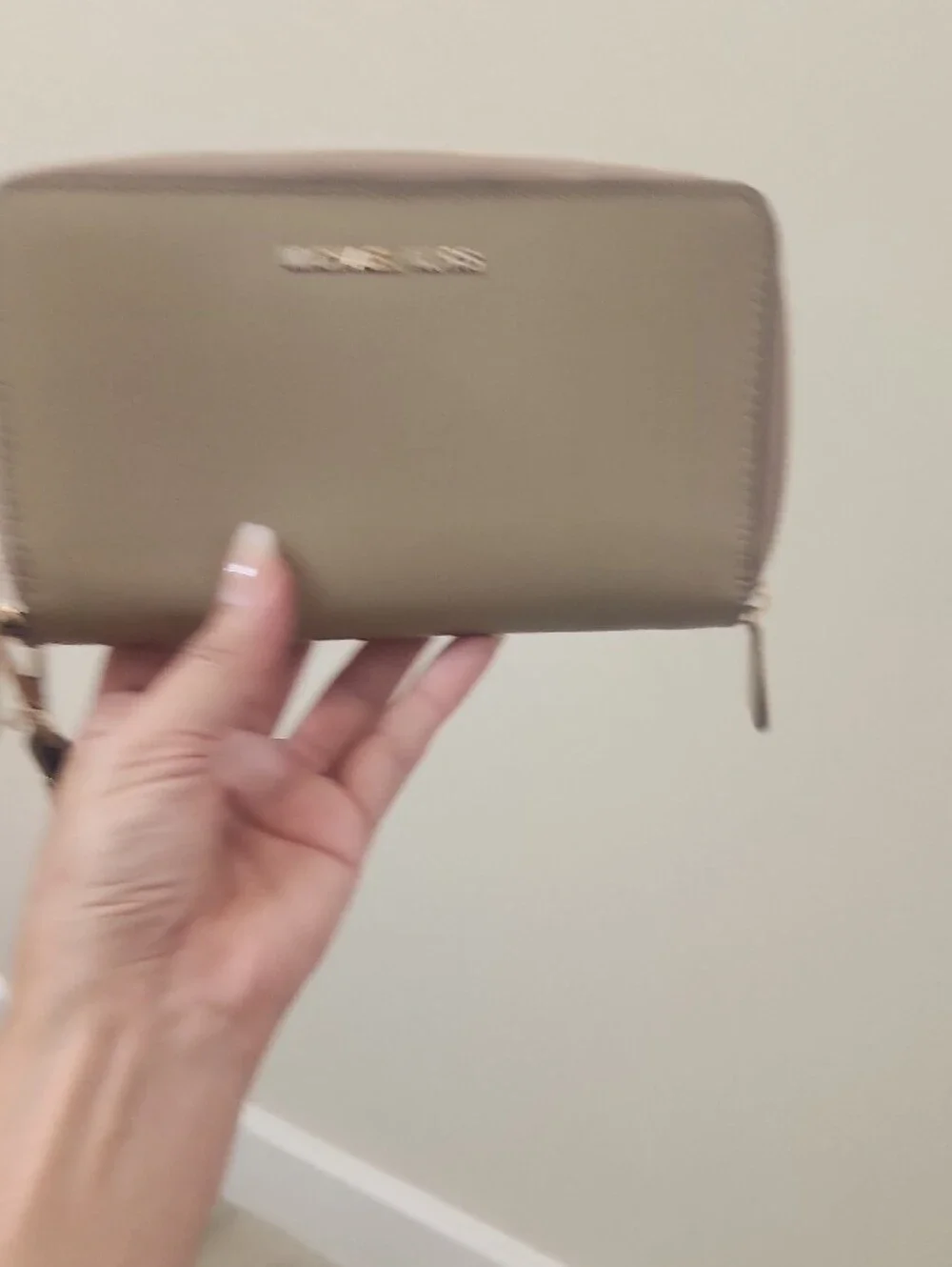 Michael Kors Beige Saffiano Zip Wallet with Gold Logo